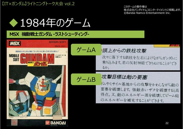 1984年のゲーム
MSX 機動戦士ガンダム -ラストシューティング-
このゲームの著作権は
株式会社バンダイナムコエンターテイメントに帰属します。
©Bandai Namco Entertainment Inc.
ゲームA
ゲームB
【IT×ガンダム】ライトニングトーク大会 vol.2
22
