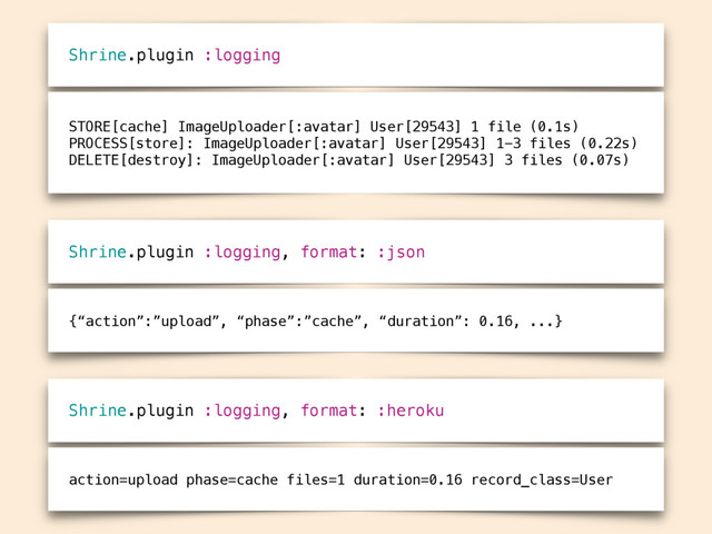 Shrine.plugin :logging
STORE[cache] ImageUploader[:avatar] User[29543] 1 file (0.1s)
PROCESS[store]: ImageUploader[:avatar] User[29543] 1-3 files (0.22s)
DELETE[destroy]: ImageUploader[:avatar] User[29543] 3 files (0.07s)
Shrine.plugin :logging, format: :json
{“action”:”upload”, “phase”:”cache”, “duration”: 0.16, ...}
Shrine.plugin :logging, format: :heroku
action=upload phase=cache files=1 duration=0.16 record_class=User
