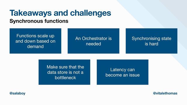 Takeaways and challenges
Synchronous functions
Functions scale up
and down based on
demand
An Orchestrator is
needed
Synchronising state
is hard
Make sure that the
data store is not a
bottleneck
Latency can
become an issue
@salaboy @vitalethomas
