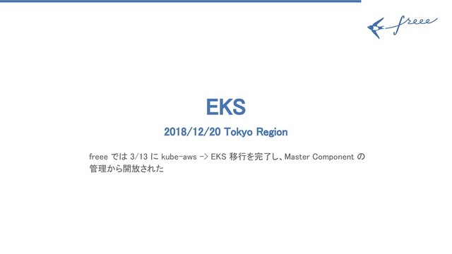 EKS 
2018/12/20 Tokyo Region 
freee では 3/13 に kube-aws -> EKS 移行を完了し、Master Component の
管理から開放された 
