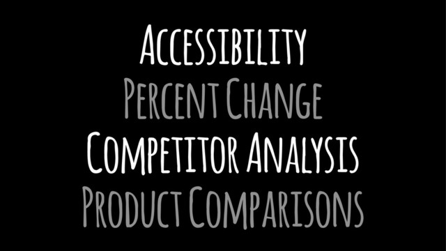 Accessibility
Percent Change
Competitor Analysis
Product Comparisons
