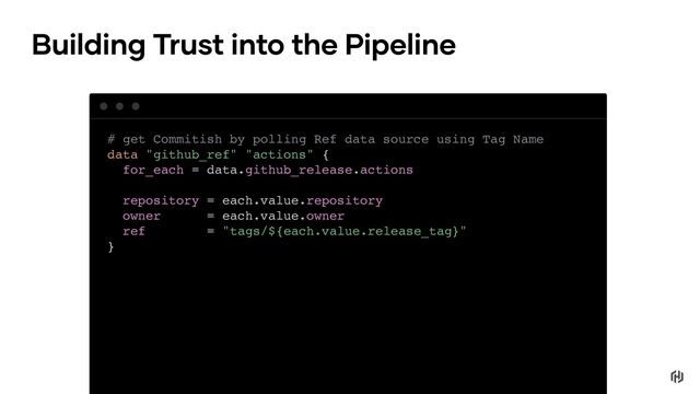 # get Commitish by polling Ref data source using Tag Name
data "github_ref" "actions" {
for_each = data.github_release.actions
repository = each.value.repository
owner = each.value.owner
ref = "tags/${each.value.release_tag}"
}
Building Trust into the Pipeline

