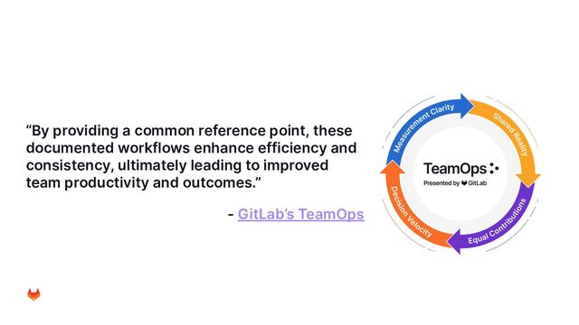 “By providing a common reference point, these
documented workflows enhance efficiency and
consistency, ultimately leading to improved
team productivity and outcomes.”
- GitLab’s TeamOps
