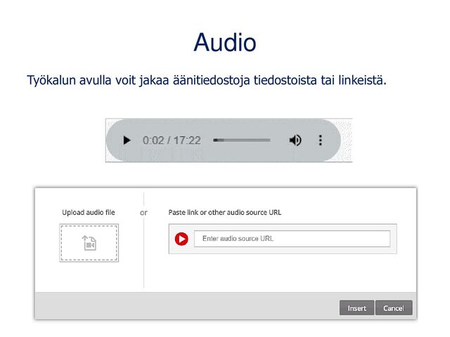 Audio
Työkalun avulla voit jakaa äänitiedostoja tiedostoista tai linkeistä.
