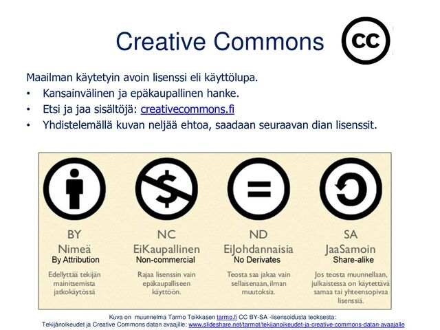 Creative Commons
Maailman käytetyin avoin lisenssi eli käyttölupa.
• Kansainvälinen ja epäkaupallinen hanke.
• Etsi ja jaa sisältöjä: creativecommons.fi
• Yhdistelemällä kuvan neljää ehtoa, saadaan seuraavan dian lisenssit.
Kuva on muunnelma Tarmo Toikkasen tarmo.fi CC BY-SA -lisensoidusta teoksesta:
Tekijänoikeudet ja Creative Commons datan avaajille: www.slideshare.net/tarmot/tekijanoikeudet-ja-creative-commons-datan-avaajalle
