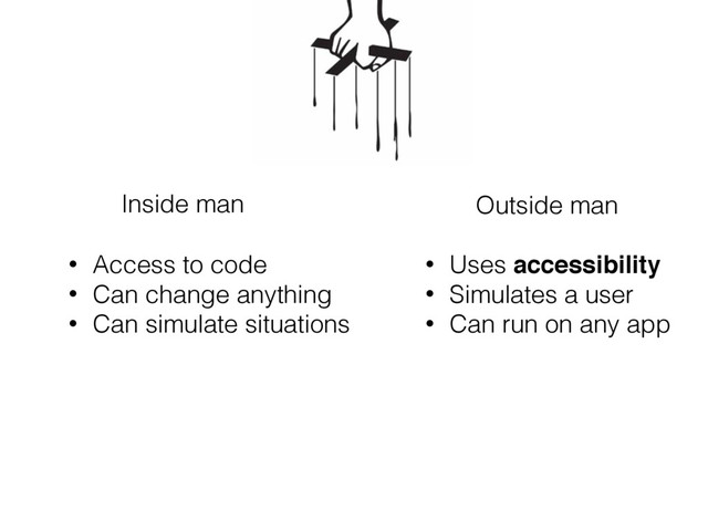Inside man Outside man
• Access to code
• Can change anything
• Can simulate situations
• Uses accessibility
• Simulates a user
• Can run on any app
