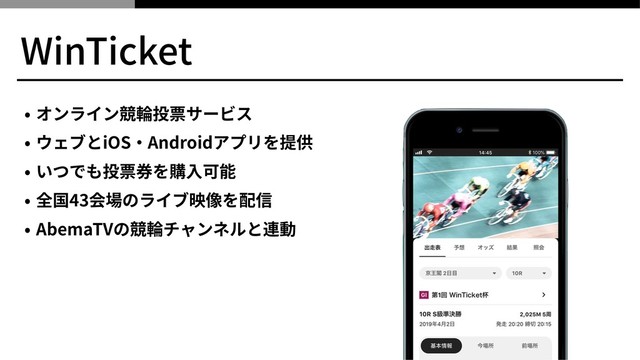 WinTicket
• オンライン競輪投票サービス
• ウェブとiOS‧Androidアプリを提供
• いつでも投票券を購⼊可能
• 全国43会場のライブ映像を配信
• AbemaTVの競輪チャンネルと連動
