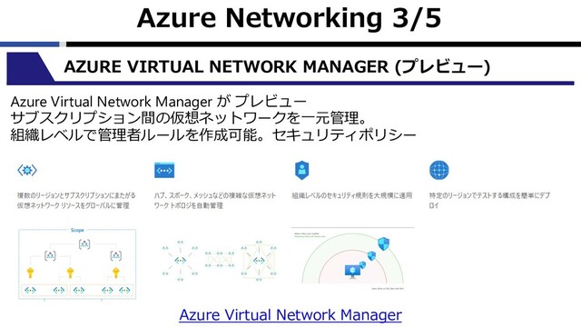 Azure Networking 3/5
AZURE VIRTUAL NETWORK MANAGER (プレビュー)
Azure Virtual Network Manager が プレビュー
サブスクリプション間の仮想ネットワークを⼀元管理。
組織レベルで管理者ルールを作成可能。セキュリティポリシー
Azure Virtual Network Manager
