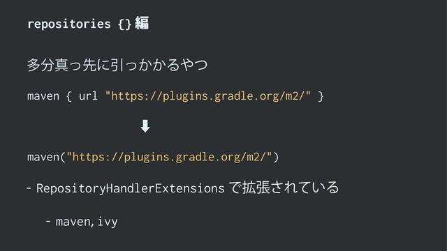 repositories {}ฤ
ଟ෼ਅͬઌʹҾ͔͔ͬΔ΍ͭ
maven { url "https://plugins.gradle.org/m2/" }
ɹɹɹɹɹɹɹɹ‑
maven("https://plugins.gradle.org/m2/")

RepositoryHandlerExtensions
Ͱ֦ு͞Ε͍ͯΔ

maven

ivy
