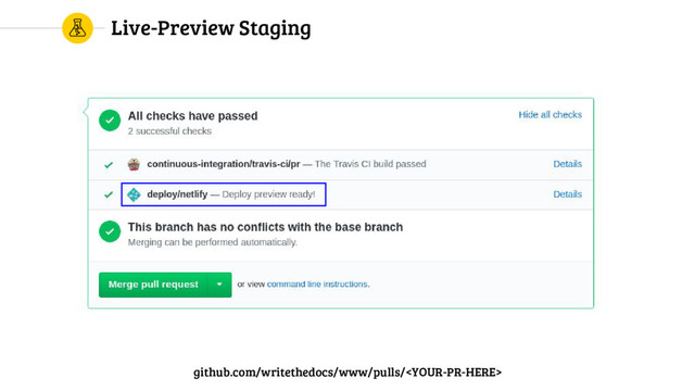 Live-Preview Staging
github.com/writethedocs/www/pulls/
