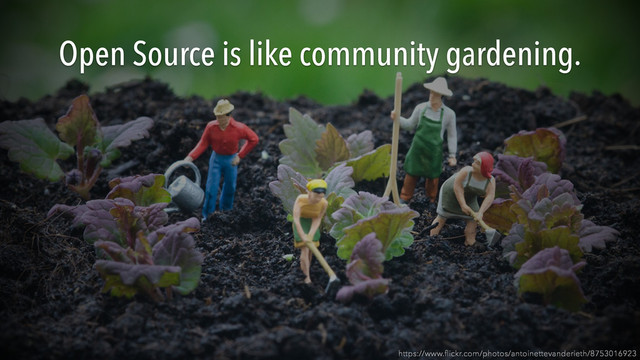 Open Source is like community gardening.
https://www.ﬂickr.com/photos/antoinettevanderieth/8753016923
