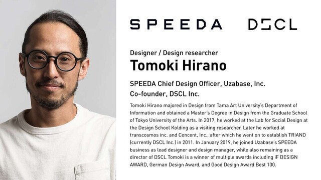 SPEEDA Chief Design Officer, Uzabase, Inc.
Co-founder, DSCL Inc.
Tomoki Hirano majored in Design from Tama Art University’s Department of
Information and obtained a Master’s Degree in Design from the Graduate School
of Tokyo University of the Arts. In 2017, he worked at the Lab for Social Design at
the Design School Kolding as a visiting researcher. Later he worked at
transcosmos inc. and Concent, Inc., after which he went on to establish TRIAND
(currently DSCL Inc.) in 2011. In January 2019, he joined Uzabase’s SPEEDA
business as lead designer and design manager, while also remaining as a
director of DSCL Tomoki is a winner of multiple awards including iF DESIGN
AWARD, German Design Award, and Good Design Award Best 100.
Tomoki Hirano
Designer / Design researcher
