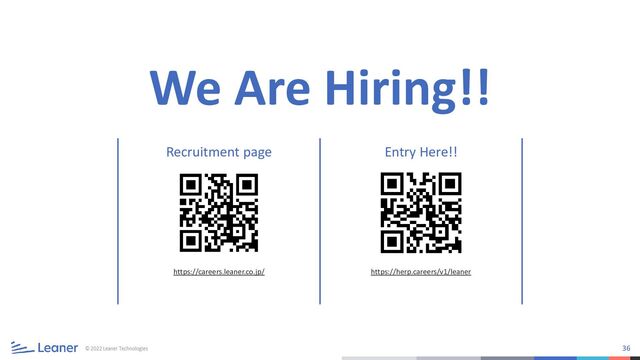 36
We Are Hiring!!
https://careers.leaner.co.jp/ https://herp.careers/v1/leaner
Recruitment page Entry Here!!

