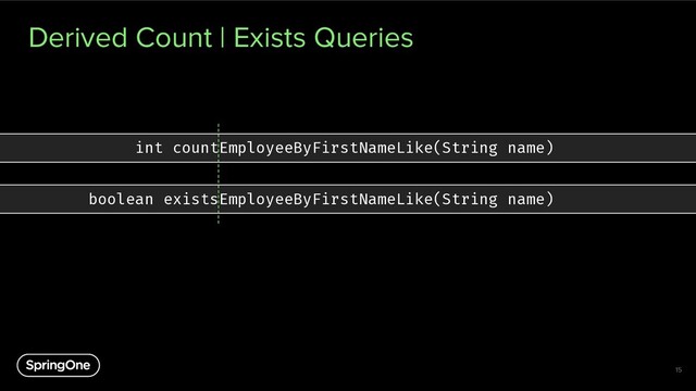 Derived Count | Exists Queries
15
int countEmployeeByFirstNameLike(String name)
boolean existsEmployeeByFirstNameLike(String name)
