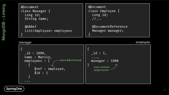 26
@Document
class Manager {
Long id;
String name;
@DBRef
List employees
}
{
_id : 1000,
name : Marvin,
employees : [
{
$ref : employee,
$id : 1
}
...
native $dbref format
MongoDB – Linking
manager
{
_id : 1,
...,
manager : 1000
}
@Document
class Employee {
Long id;
//...
@DocumentReference
Manager manager;
}
more common
simple format
employee
