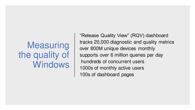 Measuring
the quality of
Windows
“Release Quality View” (RQV) dashboard
tracks 20,000 diagnostic and quality metrics
over 800M unique devices monthly
supports over 6 million queries per day
hundreds of concurrent users
1000s of monthly active users
100s of dashboard pages
