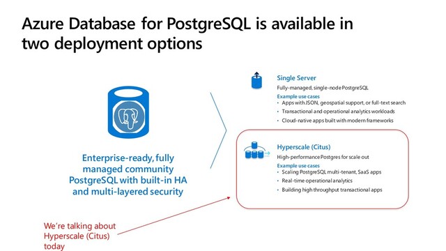 M ICR O S O FT CO N FIDE N T IAL – IN T E R N AL O N LY
Azure Database for PostgreSQL is available in
two deployment options
Single Server
Fully-managed, single-node PostgreSQL
Example use cases
• Apps with JSON, geospatial support, or full-text search
• Transactional and operational analytics workloads
• Cloud-native apps built with modern frameworks
Hyperscale (Citus)
High-performance Postgres for scale out
Example use cases
• Scaling PostgreSQL multi-tenant, SaaS apps
• Real-time operational analytics
• Building high throughput transactional apps
Enterprise-ready, fully
managed community
PostgreSQL with built-in HA
and multi-layered security
We’re talking about
Hyperscale (Citus)
today

