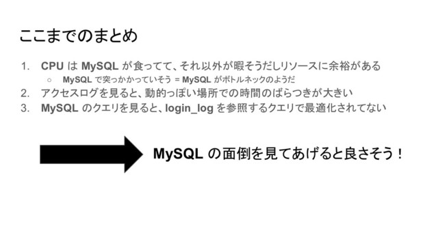 ここまでのまとめ
1. CPU は MySQL が食ってて、それ以外が暇そうだしリソースに余裕がある
○ MySQL で突っかかっていそう = MySQL がボトルネックのようだ
2. アクセスログを見ると、動的っぽい場所での時間のばらつきが大きい
3. MySQL のクエリを見ると、login_log を参照するクエリで最適化されてない
MySQL の面倒を見てあげると良さそう！
