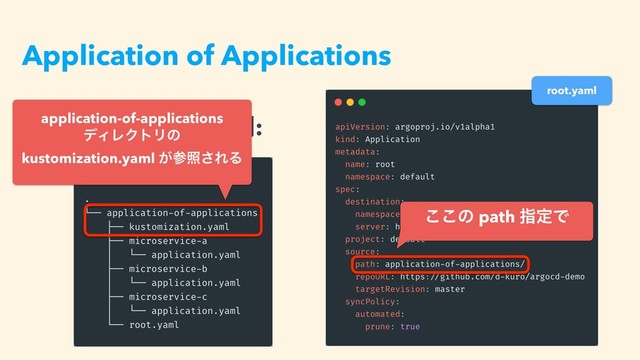 Application of Applications
• kustomize ͷྫ:
root.yaml
͜͜ͷ path ࢦఆͰ
application-of-applications
σΟϨΫτϦͷ
kustomization.yaml ͕ࢀর͞ΕΔ
