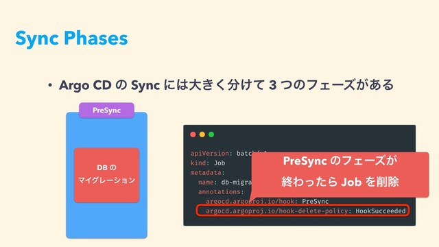 • Argo CD ͷ Sync ʹ͸େ͖͘෼͚ͯ 3 ͭͷϑΣʔζ͕͋Δɹ
PreSync
DB ͷ 
ϚΠάϨʔγϣϯ
PreSync ͷϑΣʔζ͕ 
ऴΘͬͨΒ Job Λ࡟আ
Sync Phases
