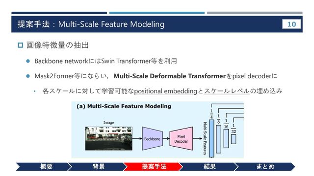 概要 背景 提案手法 結果 まとめ
提案手法：Multi-Scale Feature Modeling
 画像特徴量の抽出
⚫ Backbone networkにはSwin Transformer等を利用
⚫ Mask2Former等にならい，Multi-Scale Deformable Transformerをpixel decoderに
• 各スケールに対して学習可能なpositional embeddingとスケールレベルの埋め込み
10

