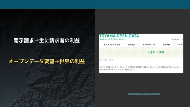 開示請求⇒主に請求者の利益
オープンデータ要望⇒世界の利益
https://opendata.pref.toyama.jp/pages/inquiry/
