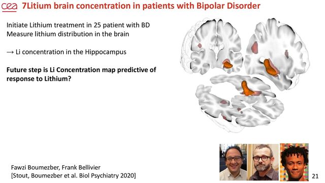 21
7Litium brain concentration in patients with Bipolar Disorder
Initiate Lithium treatment in 25 patient with BD
Measure lithium distribution in the brain
→ Li concentration in the Hippocampus
Future step is Li Concentration map predictive of
response to Lithium?
Fawzi Boumezber, Frank Bellivier
[Stout, Boumezber et al. Biol Psychiatry 2020]
