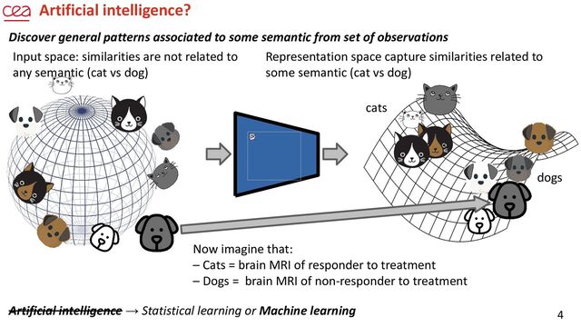 4
Artificial intelligence (AI) and Machine Learning (ML)
Discover general patterns associated to some semantic from set of observations
Input space: similarities are not related to
any semantic (cat vs dog)
Representation space capture similarities related to
some semantic (cat vs dog)
dogs
cats
Now imagine that:
– Cats = brain MRI of responder to treatment
– Dogs = brain MRI of non-responder to treatment
Artificial intelligence?
Artificial intelligence → Statistical learning or Machine learning
