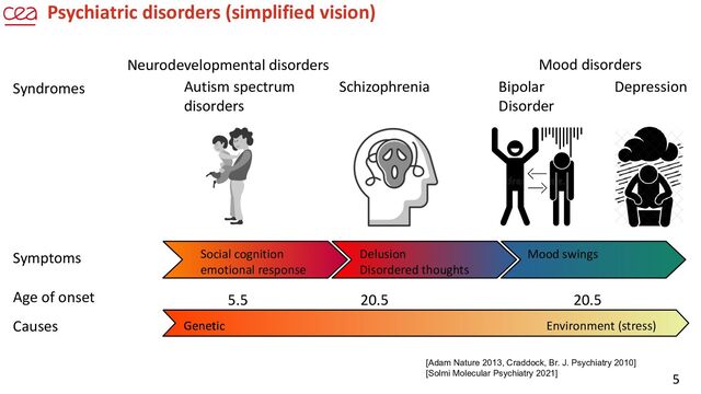 5
Psychiatric disorders (simplified vision)
[Adam Nature 2013, Craddock, Br. J. Psychiatry 2010]
[Solmi Molecular Psychiatry 2021]
Bipolar
Disorder
Depression
Schizophrenia
Autism spectrum
disorders
Mood disorders
20.5
20.5
Neurodevelopmental disorders
5.5
Syndromes
Symptoms Social cognition
emotional response
Delusion
Disordered thoughts
Mood swings
Age of onset
Causes Genetic Environment (stress)
Genetic
