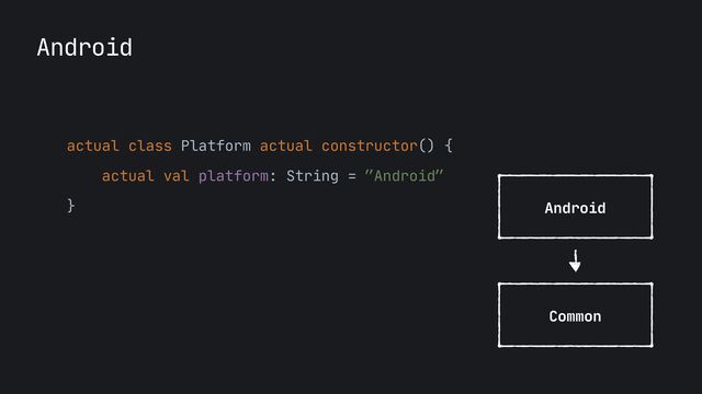 Android
actual class Platform actual constructor() {

actual val platform: String = ”Android”

}

Common
Android
