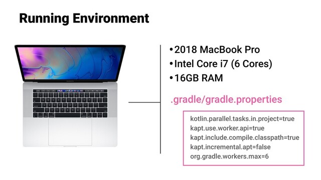 Running Environment
•2018 MacBook Pro
•Intel Core i7 (6 Cores)
•16GB RAM
kotlin.parallel.tasks.in.project=true
kapt.use.worker.api=true
kapt.include.compile.classpath=true
kapt.incremental.apt=false
org.gradle.workers.max=6
.gradle/gradle.properties
