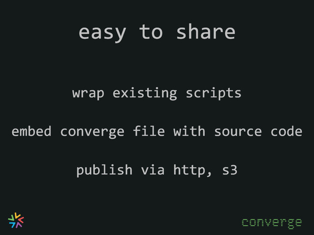 easy to share
embed converge file with source code
converge
publish via http, s3
wrap existing scripts
