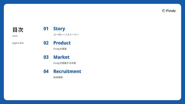 目次
agenda
01 Story
コーポレートストーリー
02 Product
Findyの事業
03 Market
Findyが挑戦する市場
04 Recruitment
採用情報
