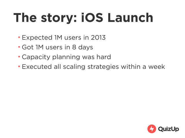 The story: iOS Launch
• Expected 1M users in 2013
• Got 1M users in 8 days
• Capacity planning was hard
• Executed all scaling strategies within a week
