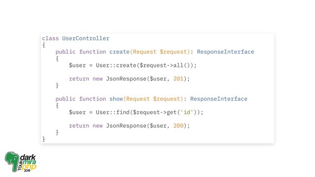 class UserController
{
public function create(Request $request): ResponseInterface
{
$user = User::create($request->all());
return new JsonResponse($user, 201);
}
public function show(Request $request): ResponseInterface
{
$user = User::find($request->get('id'));
return new JsonResponse($user, 200);
}
}
