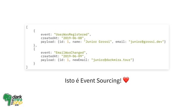 Isto é Event Sourcing!
❤
[
{
event: "UserWasRegistered",
createdAt: "2019-06-08",
payload: {id: 1, name: "Junior Grossi", email: "junior@grossi.dev"}
},
{
event: "EmailWasChanged",
createdAt: "2019-06-09",
payload: {id: 1, newEmail: "junior@darkmira.tour"}
}
]
