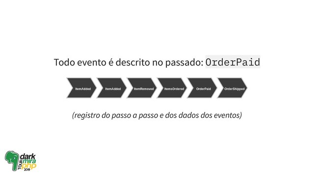 Todo evento é descrito no passado: OrderPaid
(registro do passo a passo e dos dados dos eventos)
