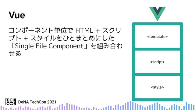 コンポーネント単位で HTML + スクリ
プト + スタイルをひとまとめにした
「Single File Component」を組み合わ
せる
