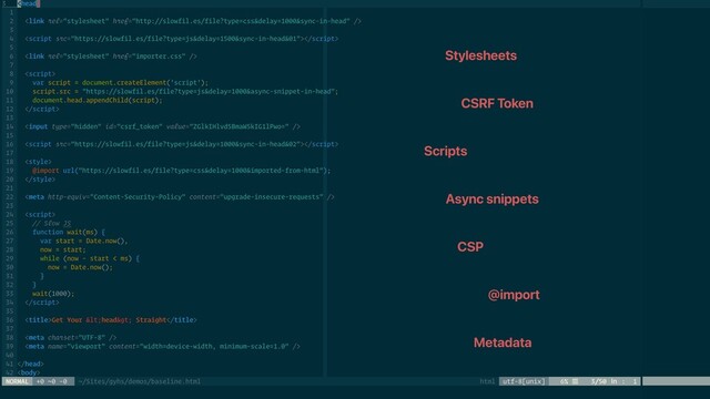 Stylesheets
Scripts
CSP
CSRF Token
Metadata
@import
Async snippets
