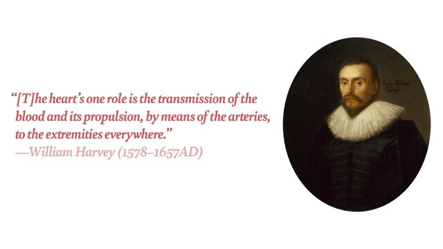 “[T]he heart’s one role is the transmission of the
 
blood and its propulsion, by means of the arteries,
 
to the extremities everywhere.”
 
—William Harvey (1578–1657AD)

