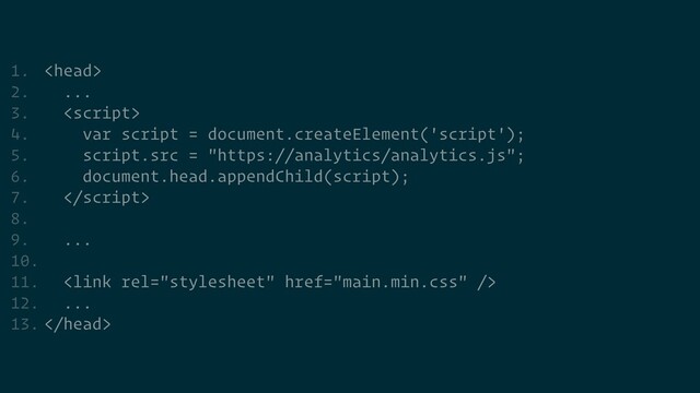 1. 


2. ...


3. 


4. var script = document.createElement('script');


5. script.src = "https://analytics/analytics.js";


6. document.head.appendChild(script);


7. 


8.


9. ...


10.


11. 


12. ...


13. 
