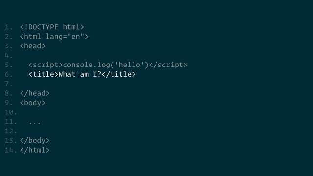 1. 


2. 


3. 


4.


5. console.log('hello')


6. What am I?


7.


8. 


9. 


10.


11. ...


12.


13. 


14. 
