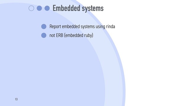 Embedded systems
Report embedded systems using rinda
not ERB (embedded ruby)
13
