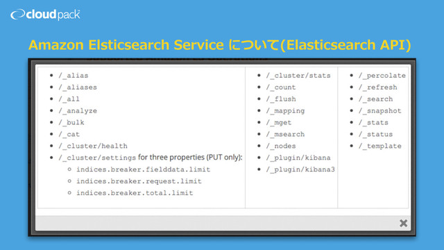 Amazon Elsticsearch Service について(Elasticsearch API)
☁ Elasticsearch の各種 API がサポートされている
☁ http://docs.aws.amazon.com/ja_jp/elasticsearch-service/
latest/developerguide/es-gsg-supported-operations.html
☁ 残念ながらサポートされていない API もある...
☁ 例えば、status とか(elasticsearch-head とかで使われている)
