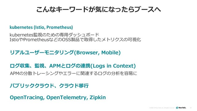 ©2008–19 New Relic, Inc. All rights reserved
こんなキーワードが気になったらブースへ
39
kubernetes (Istio, Prometheus)
kubernetes監視のための専⽤ダッシュボード
IstioやPrometheusなどのOSS製品で取得したメトリクスの可視化
リアルユーザーモニタリング(Browser, Mobile)
ログ収集、監視、APMとログの連携(Logs in Context)
パブリッククラウド、クラウド移⾏
OpenTracing, OpenTelemetry, Zipkin
APMの分散トレーシングやエラーに関連するログの分析を容易に
