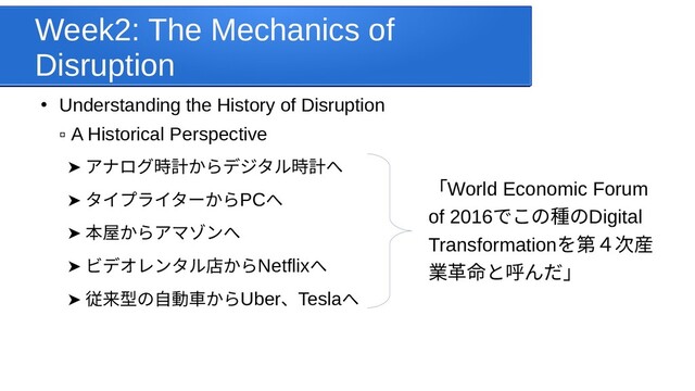 Week2: The Mechanics of
Disruption
●
Understanding the History of Disruption
▫ A Historical Perspective
➤  アナログ時計からデジタ時計を見る分にはからデジタルくらい〜百数十時計を見る分にはへ
➤  タイプライターからPCへ
➤  本屋からアマゾンへからアマゾンへ
➤  ビデオレンタルくらい〜百数十店からからNetflixへ
➤  従来型の自動車からの自動車からからUber、Teslaへ
「World Economic Forum
of 2016でこの種ののDigital
Transformationを受けてみた第４次産
業の講義ま革命と呼んだ」と呼んだ」んだ」
