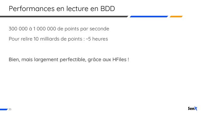 Performances en lecture en BDD
300 000 à 1 000 000 de points par seconde
Pour relire 10 milliards de points : ~5 heures
Bien, mais largement perfectible, grâce aux HFiles !
35
