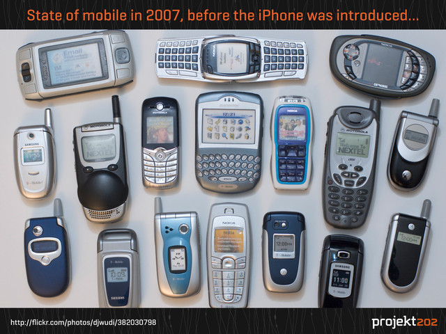 http://ﬂickr.com/photos/djwudi/382030798
State of mobile in 2007, before the iPhone was introduced…
