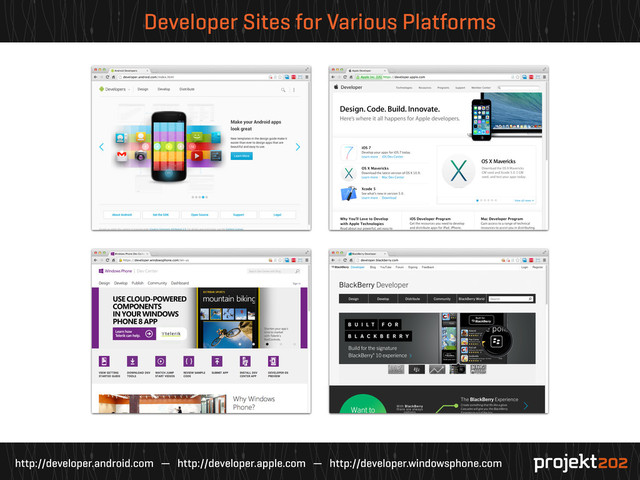 http://developer.android.com — http://developer.apple.com — http://developer.windowsphone.com
Developer Sites for Various Platforms
