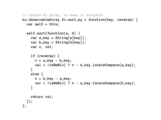 // Extend KO array, to make it sortable
ko.observableArray.fn.sort_by = function(key, reverse) {
var self = this;
self.sort(function(a, b) {
var a_key = String(a[key]);
var b_key = String(b[key]);
var n, val;
if (reverse) {
n = a_key - b_key;
val = !isNaN(n) ? n : b_key.localeCompare(a_key);
}
else {
n = b_key - a_key;
val = !isNaN(n) ? n : a_key.localeCompare(b_key);
}
return val;
});
};
